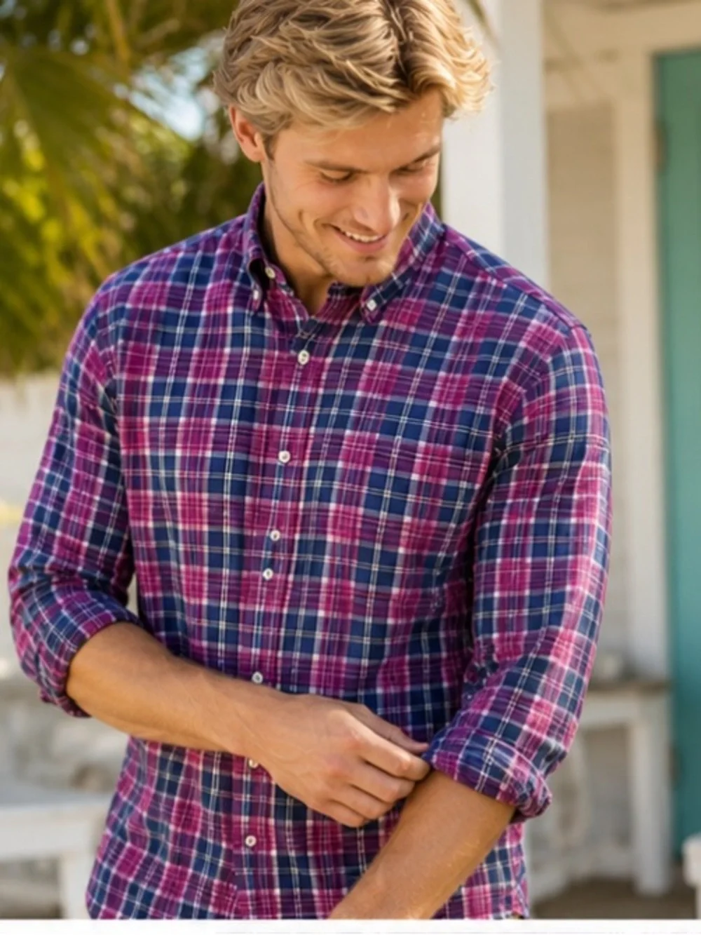 J.Crew Tartan Plaid Button Down Shirt Men’s LT Blue Pink Long Sleeve Casual